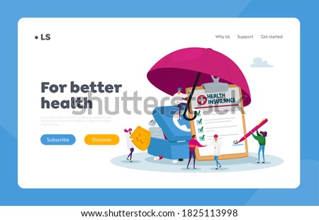 People Signing Health Insurance, Medical Protection, Life Guarantee Landing Page Template. Tiny Characters under Huge Umbrella Fill Policy Document, Doctor Holding Shield. Cartoon Vector Illustration