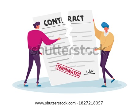 Contract Cancellation, Agreement Termination Concept. Couple of Tiny Male Characters Tearing Huge Paper Sheet with Terminated Contract. Businessmen at Workspace. Cartoon People Vector Illustration