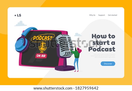 Podcast or Online Broadcasting, Livestream Landing Page Template. Tiny Female Character in Headset Speaking at Huge Microphone near Table Pc Conducting Audioprogram. Cartoon Vector Illustration