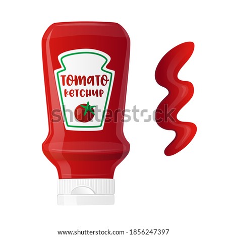 Realistic Bottle of Tomato Ketchup Sauce with Label. Vegetable Dressing, Spicy Condiment in Red Tube with Spilled Strip or Stroke Isolated on White Background. 3d Vector Illustration, Icon or Emblem