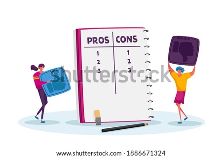 Tiny Female Characters with Huge Thumb Up Icons Make Decision at Notebook with Pros or Cons List in Separated Column, Women Count Advantages or Disadvantages of Deal. Cartoon Vector Illustration Foto stock © 