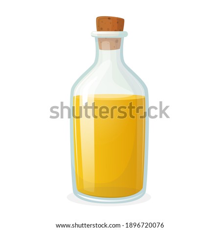 Olive Oil Bottle Isolated on White Background. Glass Bottle with Short Narrow Neck and Corkwood Bung, Premium Extra Virgin Olive or Sunflower Yellow Cooking Oil Icon. Cartoon Vector Illustration