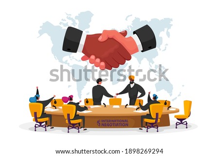International Negotiations, Political Meeting at Round Table Concept. Delegates Solving World Issues, Caucasian and Indian Spokesmen Shaking Hands. Press Conference. Cartoon Flat Vector Illustration Imagine de stoc © 