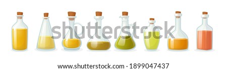 Set of Olive Oil Bottle of Different Shapes Isolated on White Background. Glass Flasks with Short and Long Narrow Neck and Corkwood Bung, Virgin Vegetable Cooking Oil. Cartoon Vector Illustration
