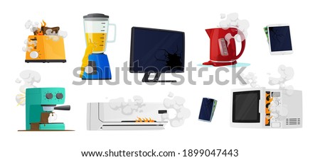 Set of Broken Home Appliances, Damaged Blender, Coffee Machine, Pc Monitor and Electric Kettle, Conditioner, Smartphone and Microwave. Destroyed Technics, Old Scrap Things. Cartoon Vector Illustration