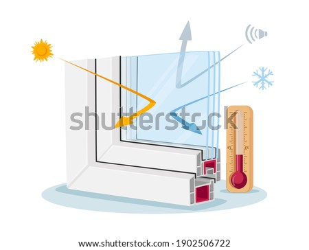 Window Pvc Profile Cross Section View, Infographics Presenting Modern Technology, Plastic Glass Reflecting Cold and Heat. Upvc Vinyl Frames for Home and Manufacturing Use. Cartoon Vector Illustration