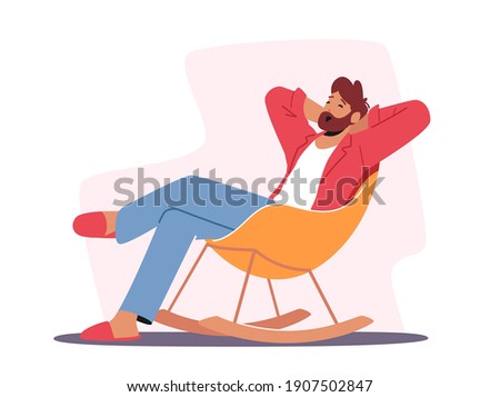 Relaxed Male Character in Home Clothes and Slippers Sitting in Comfortable Chair Yawning, Man Leisure at Home after Work or Weekend. Furniture Design, Relaxing Sparetime. Cartoon Vector Illustration Foto stock © 