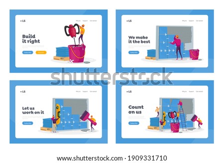 Construction and Home Renovation Works Landing Page Template Set. Tiny Workers Characters Laying Huge Ceramics on Wall. Professional Repairman Service, Improvement. Cartoon People Vector Illustration