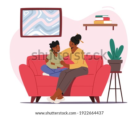 Mother Comforting Child Sitting on Sofa in Living Room. Mom and Son Talking of Problems, Parent Character Support and Embrace Boy. Loving Relations, Parenting. Cartoon People Vector Illustration