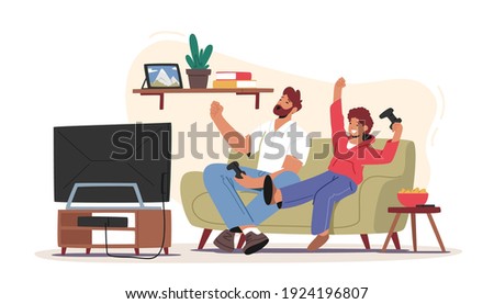 Little Boy with Dad Playing Video Games. Happy Characters Sitting front of Tv Set with Joystick in Hands Rejoice for Successful Gaming Result, Family Entertainment. Cartoon People Vector Illustration