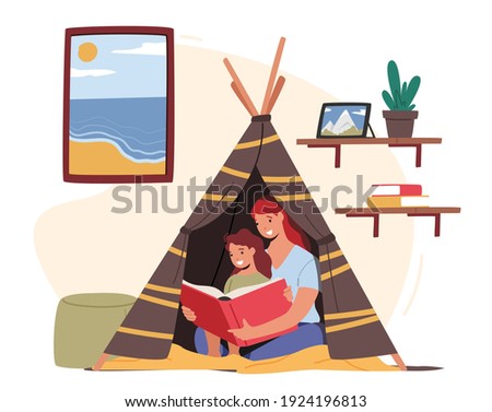 Mother Reading with Little Daughter Sitting in Toy Wigwam in Kids Room. Happy Family Characters Spending Time Together. Mom Read Fairy Tale before Sleeping to Girl. Cartoon People Vector Illustration