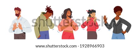 Set of Multiracial Male and Female Characters Showing Refusal or Stop Gesture with Open Hand Palm Expressing Negative Emotions, Communication, Disagree Feelings Gesturing. Cartoon Vector Illustration