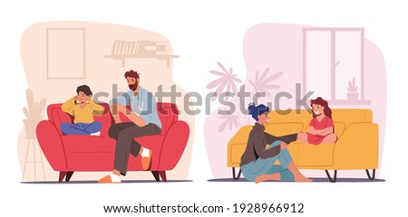 Children and Parents Talking Concept. Father and Mother Characters Talk to Son or Daughter. Dad Scold Boy, Mom Share Secrets with Girl. Family Relations, Parenting. Cartoon People Vector Illustration