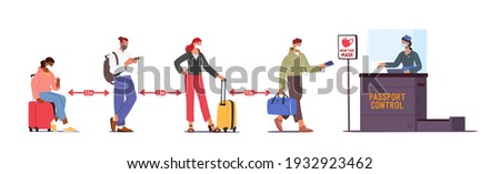 Passengers Characters in Medic Masks Stand in Queue Keep Distance Prepare Documents for Flight Registration in Airport Passport Control during Covid Pandemic. Cartoon People Vector Illustration