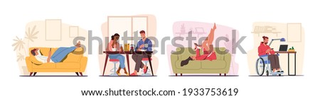 Set People at Home with Phones. Couple Sit at Table Having Breakfast with Smartphones in Hands. Men and Women Characters Relax at Home with Digital Device, Communication. Cartoon Vector Illustration