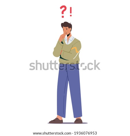 Thoughtful Serious Business Man Stand with Question Mark above Head Thinking. Male Character Searching Solution, Decision for Difficult Answer. Faq Service, Solve Problem. Cartoon Vector Illustration