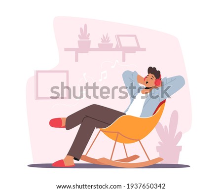 Young Man in Headphones Sitting in Relaxed Pose on Armchair at Home Listen Music. Male Character Wearing Earphones Enjoying Sound Composition, Relaxing Sparetime, Leisure. Cartoon Vector Illustration