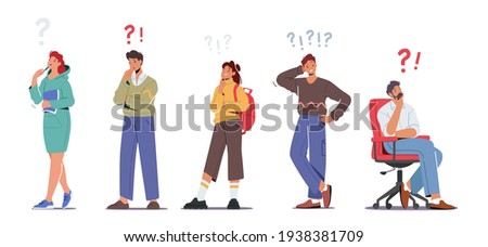 Set of People Thinking Serious Tasks, Searching Information, Male and Female Characters with Exclamation and Question Marks. Students and Businesspeople Mental Research. Cartoon Vector Illustration