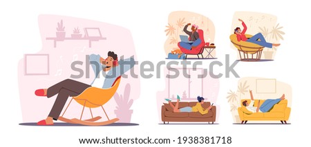 Set of Young People Listen Sound Composition on Music Player or Mobile Phone Application. Male and Female Characters Wearing Headphones Enjoying Melodies and Relax. Cartoon People Vector Illustration