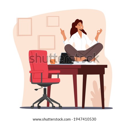 Tranquil Female Character Doing Yoga in Office during Coffee Break. Calm Woman Worker Meditating at Workplace. Relaxed Businesswoman in Lotus Position Sit at Office Desk. Cartoon Vector Illustration