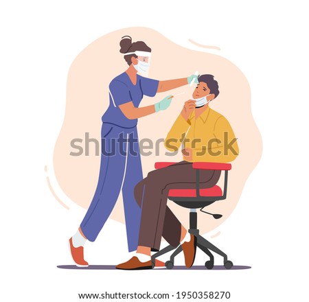 Nurse Take Covid Test from Male Character in Laboratory, Doctor Put Cotton Swab into Nose. Health Care Concept, Coronavirus Disease Express Diagnostics or Protection. Cartoon Vector Illustration
