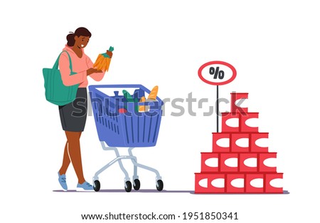 Customer Character in Grocery or Supermarket with Goods in Shopping Trolley Holding Bunch of Carrot in Hand. Woman Visiting Store for Products Purchases. Sale, Consumerism. Cartoon Vector Illustration