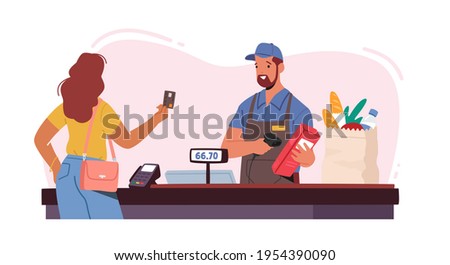 Noncontact Payment Concept. Female Customer Character Stand in Supermarket Prepare Credit Card for Cashless Online Paying. Woman Buy Food on Cashier Desk in Store. Cartoon People Vector Illustration