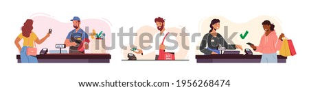 Set of Customer Characters Online Noncontact Payment. Buyers Hold Credit Cards and Gadgets. People with Purchases at Cashier, Salesman Use Pos Terminal for Cashless Paying. Cartoon Vector Illustration