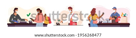 Set of Customer Characters in Facial Masks Use Noncontact Payment in Store during Covid Pandemic. Buyers with Credit Cards and Gadgets. People at CashierUse Pos Terminal. Cartoon Vector Illustration