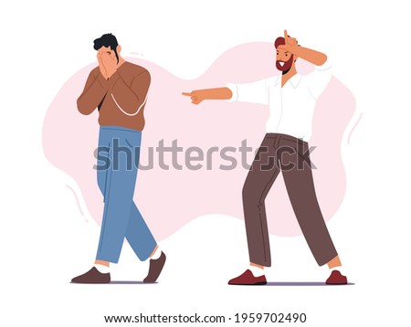 Bullying, Abuse Concept. Hater Laughing on Man Showing Loser Gesture. Male Character Crying Covering Face with Hands after Being Bullied and Called Offensive Names. Cartoon People Vector Illustration Сток-фото © 