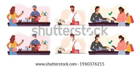 Set of Customer Characters Use Pos Terminal for Cashless Paying. Buyers Hold Credit Cards and Gadgets. People with Purchases at Cashier with Salesman, Noncontact Payment. Cartoon Vector Illustration