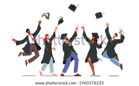 Group of Male and Female Characters in Graduation Gowns and Caps Rejoice, Jumping and Cheering Up Happy to Get Diploma Certificate and Finish University Education. Cartoon People Vector Illustration