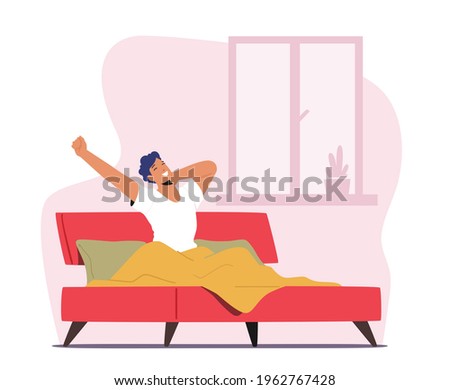 Young Man Waking Up at Morning in Good Mood. Awaken Happy Male Character Stretching Body Sitting on his Bed after Getting Up in Bedroom. Human Everyday Routine, Lifestyle. Cartoon Vector Illustration
