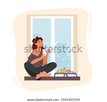 Girl Breakfast, Home Relaxation. Young Woman Sitting on Windowsill with Cup, Drinking Coffee with Fruits at Morning Looking through Window. Girl Routine, Spare Time. Cartoon Vector Illustration