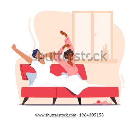 People Everyday Routine, Couple Lifestyle. Young Man and Woman Wake Up at Morning, Awaken Happy Characters Stretching Body Sitting on Bed after Getting Up in Bedroom. Cartoon Vector Illustration