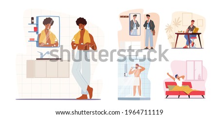 Set Man Daily Routine Concept. Young Male Character Morning Hygiene Procedures Brushing Teeth, Taking Shower in Bathroom, Having Breakfast at Home, Dressing and Go to Work. Cartoon Vector Illustration