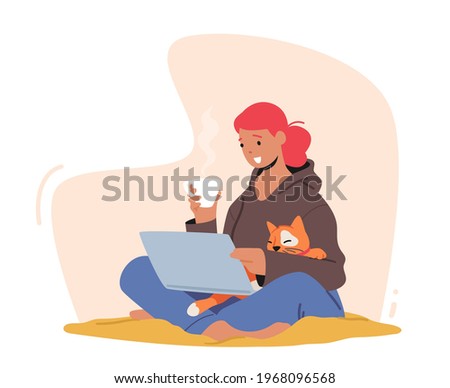 Woman Sitting on Floor at Home Working on Laptop with Cat Sleep on her Hands. Female Character Freelancer or Student Chatting in Internet, Looking Video Online with Pet. Cartoon Vector Illustration