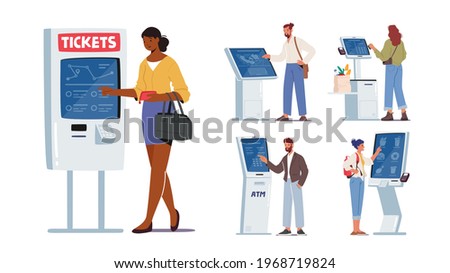 Set of Characters Use Self Ordering Service. Men and Women Using Info Kiosk, Order Food in restaurant, Withdraw Money via ATM and Buying Tickets with Digital Device. Cartoon People Vector Illustration