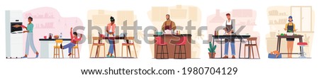 Set of Male and Female Characters Cooking on Kitchen. Woman Kneading Dough, Girl Prepare Dinner Cutting Vegetables for Salad. Man Prepare Fish. People Cook Food at Home. Cartoon Vector Illustration