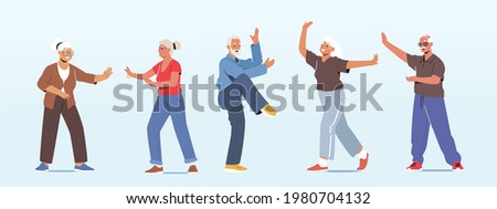 Set of Senior Characters Make Tai Chi Exercising Outdoors. Pensioners Morning Workout at City Park, Group Classes for Elderly People Healthy Body, Flexibility and Wellness. Cartoon Vector Illustration