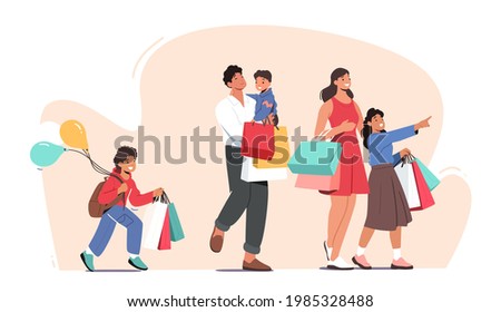 Happy Family Shopping. Father, Mother and Little Kids Holding Paper Bags and Balloons Visiting Supermarket for Purchases, Children with Parents in Shop Market on Weekend. Cartoon Vector Illustration