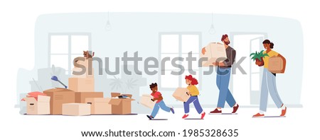 People Relocation, Happy Family Moving into New House. Mother, Father and Little Children Carry Boxes and Things to Home. People Buying Real Estate Apartments for Living. Cartoon Vector Illustration