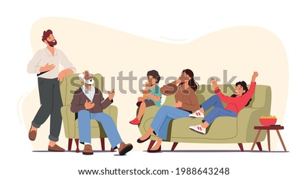 Happy Family Characters Laughing. Father, Mother, Grandfather and Children Telling Funny Stories, Spending Time Together with Positive Emotions and Good Mood. Cartoon People Vector Illustration