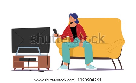 Student Female Character Watching Tv Set in Dormitory. Young Woman with Remote Control in Hand Sitting on Couch front of Television. Spare Time, Leisure, Home Relax. Cartoon People Vector Illustration