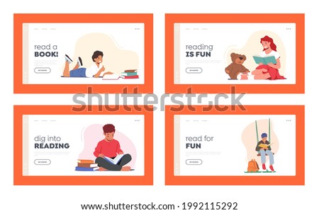 Kids Reading Book Landing Page Template Set. School Education, Knowledge. Boys and Girls Characters Studying, College or Preschool Learning Classes. Children in Library. Cartoon Vector Illustration