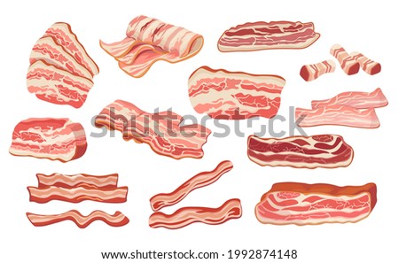 Set of Raw or Smoked Bacon Strips, , Thin Fatty Slices of Pork Rashers, Meat Delicious Food Isolated on White Background. Brisket or Ham Snacks, Design Elements. Cartoon Vector Illustration, Clipart