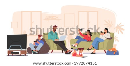 Family Characters Suffering of Social Media Internet Addiction Concept. Parents and Children Sitting Together at Home Using Gadgets, Smartphones, Digital Devices. Cartoon People Vector Illustration