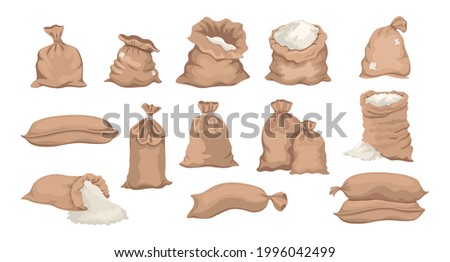 Bags with Rice, Sacks with Flour, Grain or Salt Cartoon Set. Farm Production in Brown Textile Bales, Closed and Open Sacks with White Dust Isolated on White Background. Vector Illustration, Icons