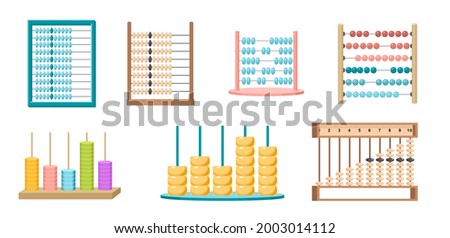 Set of Abacus, Mathematics Kids Learning, Math Calculator Educational Equipment Isolated Design Elements on White Background. Colorful Toys for Child Mind Development. Cartoon Vector Illustration