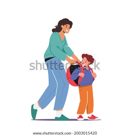 Back to School, Education and Preparation for Studying Concept. Mother Character Take On Rucksack on Schoolboy Prepare for Lesson. Boy Pupil Ready for Education. Cartoon People Vector Illustration